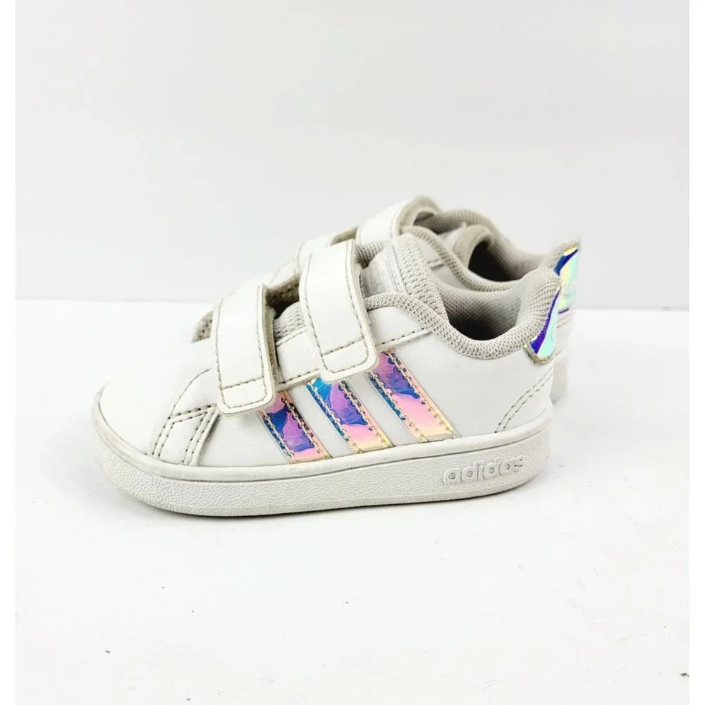 Adidas Grand Court White Tennis Shoes/Sneaker With‎ Iridescent Stripes Size 5K